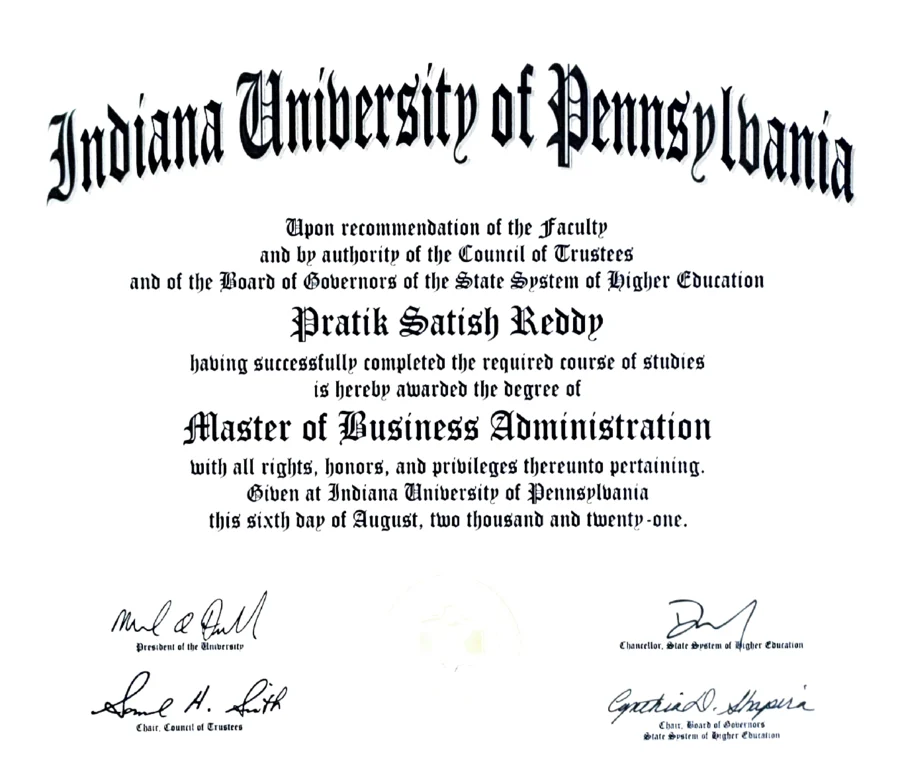 MBA, Indiana University of Pennsylvania certificate